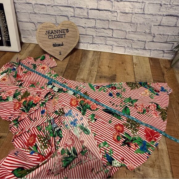 Calvin Klein Floral Striped Wrap Dress  High Low Red Pinstripe Pinup Size 8 - Picture 8 of 10